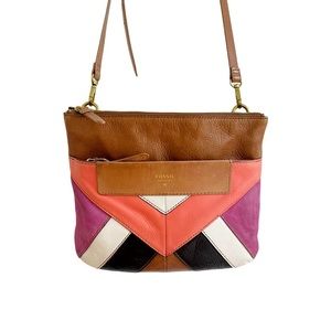 Crossbody Purse - Fossil - Tan leather with pink - Medium Size